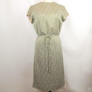 Vintage 60s Women Cocktail Dress Sheath Medium Green Gold Metallic Short Sleeves
